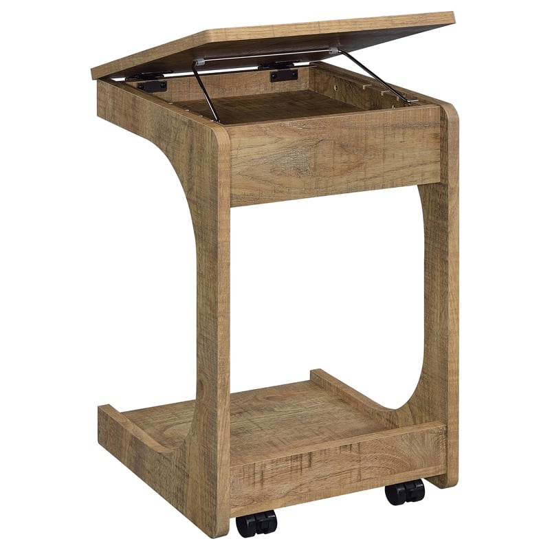 Pemberly Row C-Shaped Lift-Top Sofa Side Table With Casters in Brown