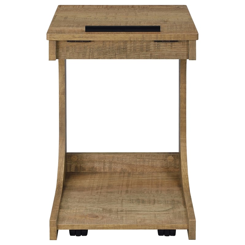 Pemberly Row C-Shaped Lift-Top Sofa Side Table With Casters in Brown