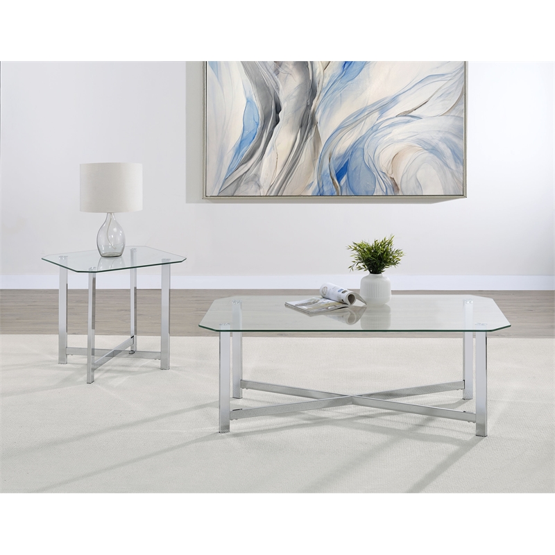 Pemberly Row 2-Piece Tempered Glass Metal Base Coffee Table Set in Chrome