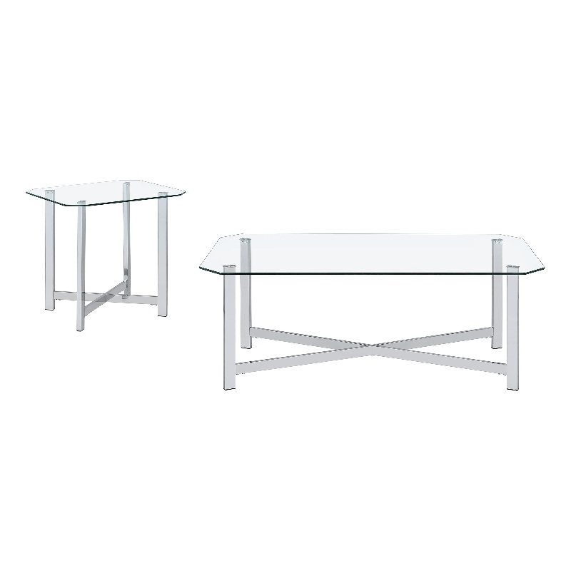 Pemberly Row 2-Piece Tempered Glass Metal Base Coffee Table Set in Chrome