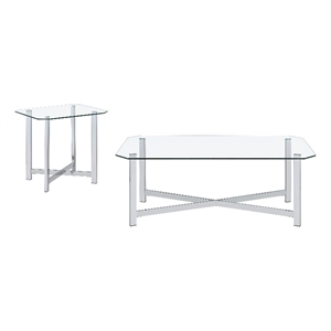 Pemberly Row 2-Piece Tempered Glass Metal Base Coffee Table Set in Chrome