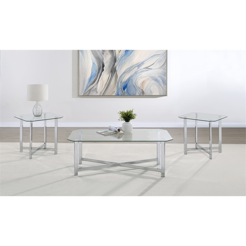Pemberly Row 3-Piece Tempered Glass Metal Base Coffee Table Set in Chrome