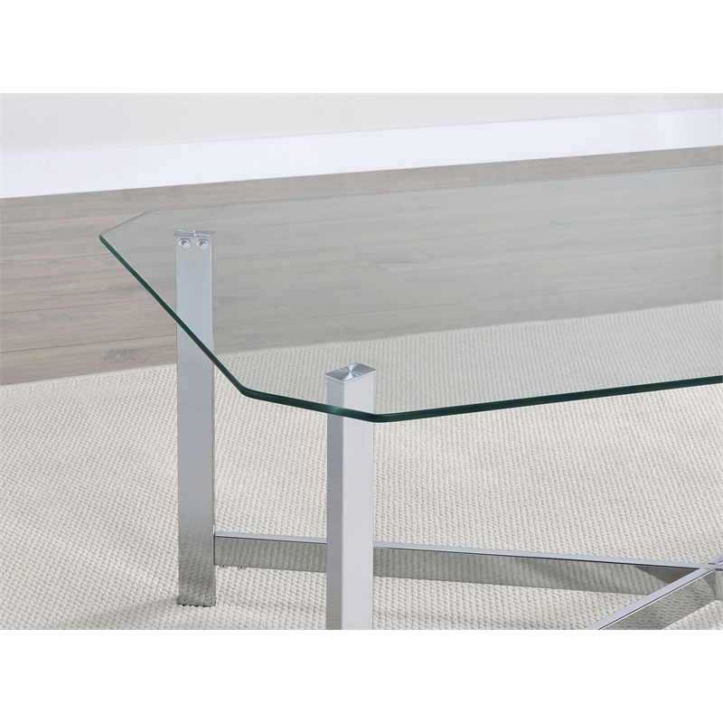 Pemberly Row 3-Piece Tempered Glass Metal Base Coffee Table Set in Chrome
