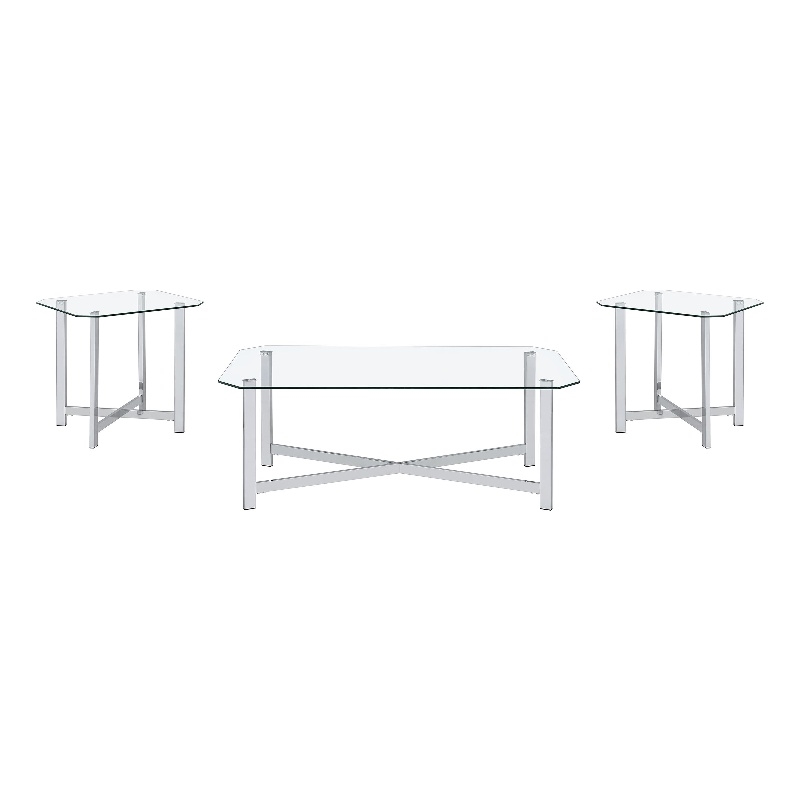 Pemberly Row 3-Piece Tempered Glass Metal Base Coffee Table Set in Chrome