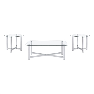 Pemberly Row 3-Piece Tempered Glass Metal Base Coffee Table Set in Chrome