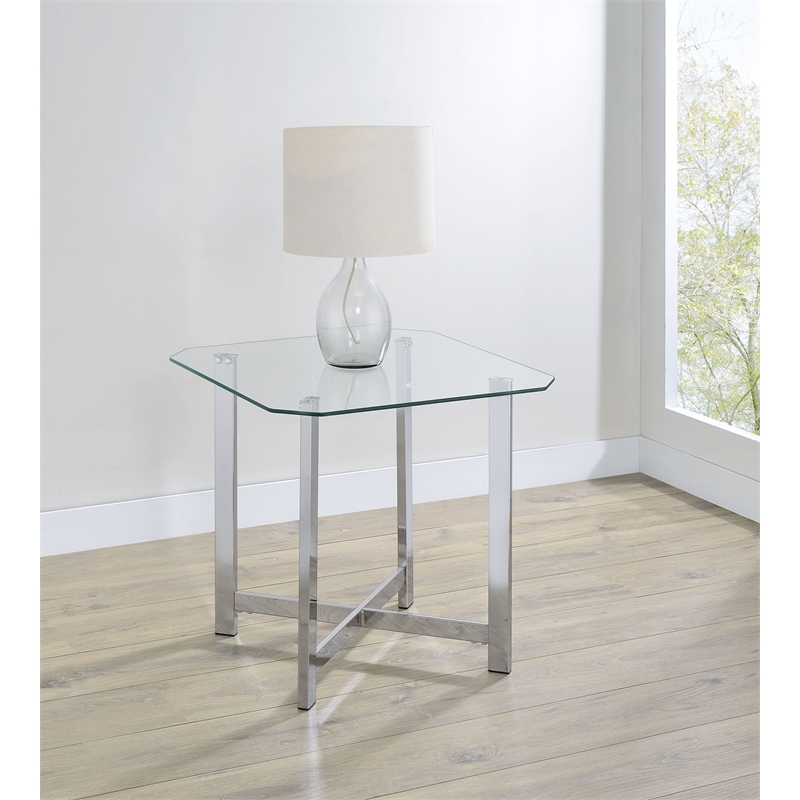 Pemberly Row Tempered Glass Top Metal Base Side End Table in Chrome