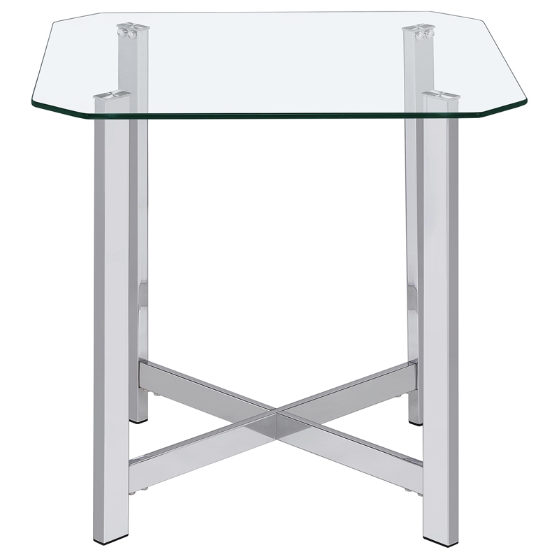 Pemberly Row Tempered Glass Top Metal Base Side End Table in Chrome