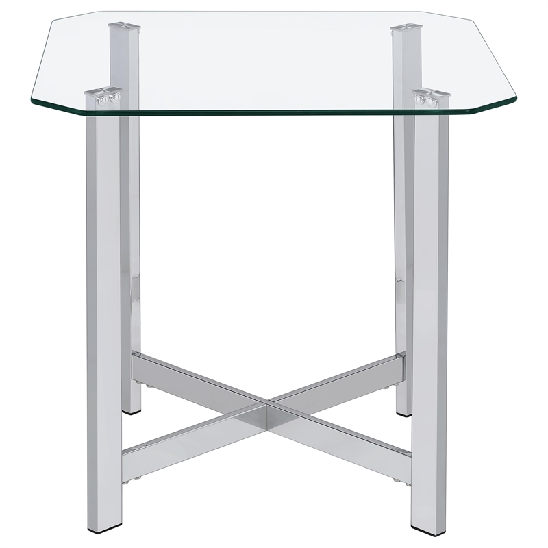 Pemberly Row Tempered Glass Top Metal Base Side End Table in Chrome