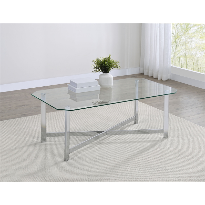 Pemberly Row Tempered Glass Top Metal Base Cocktail Coffee Table in Chrome