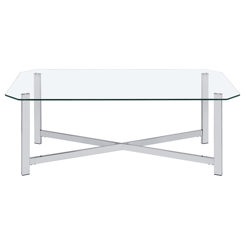 Pemberly Row Tempered Glass Top Metal Base Cocktail Coffee Table in Chrome