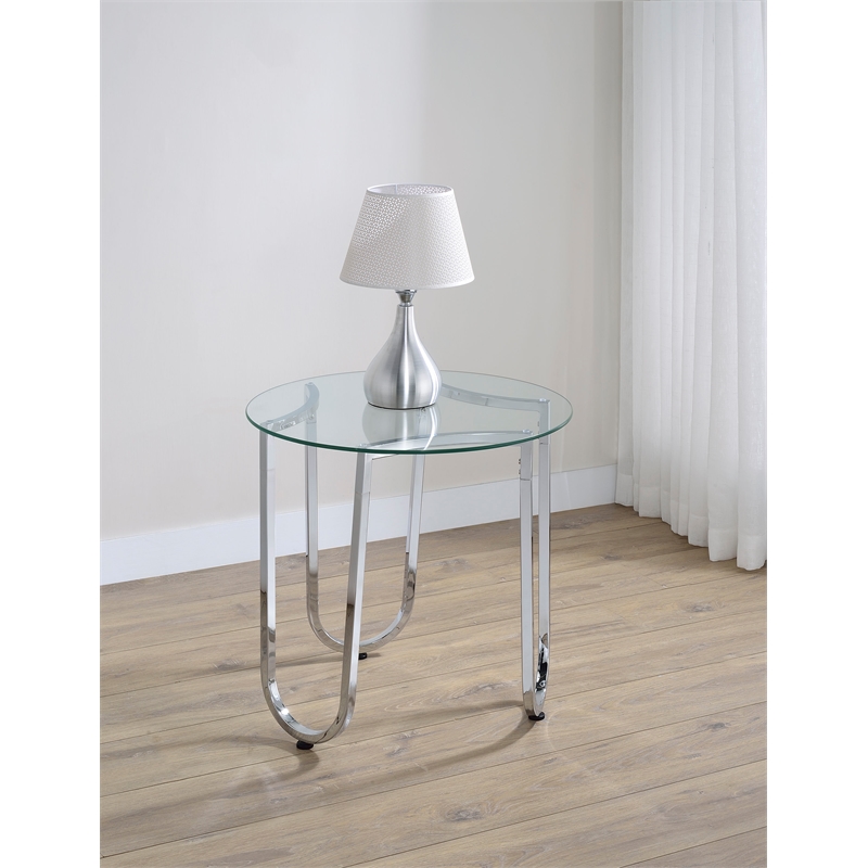 Pemberly Row Tempered Glass Top Metal Frame End Side Table in Chrome