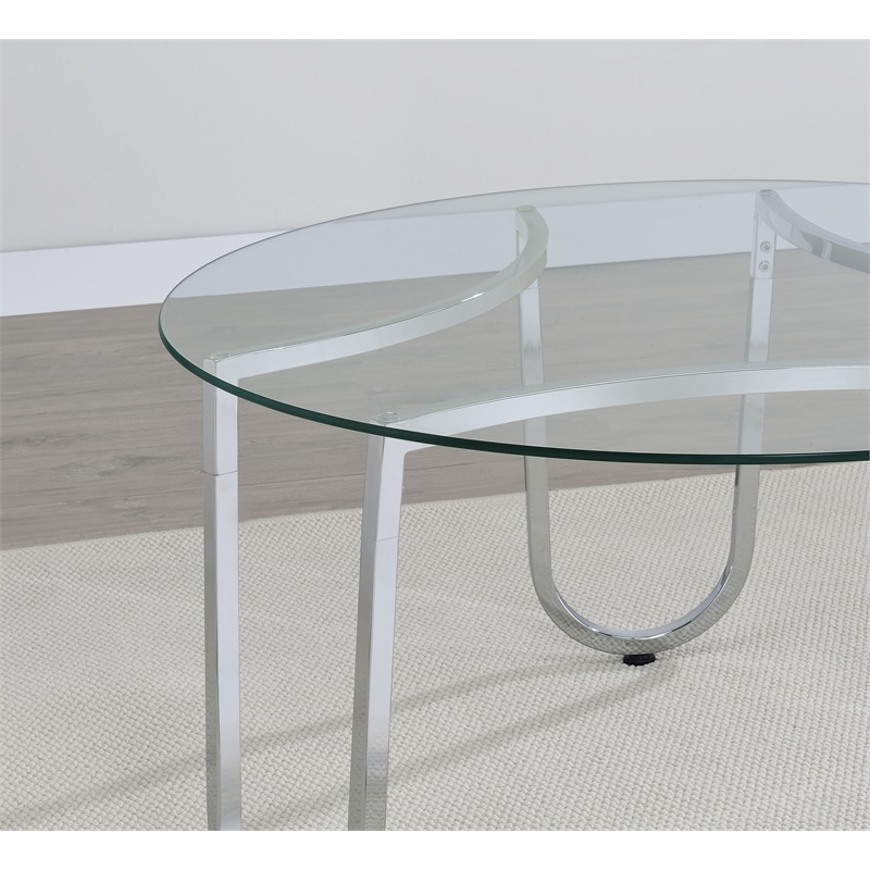 Pemberly Row Tempered Glass Top Metal Frame Cocktail Coffee Table in Chrome