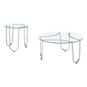 Pemberly Row 2-Piece Tempered Glass Metal Frame Coffee Table Set in Chrome