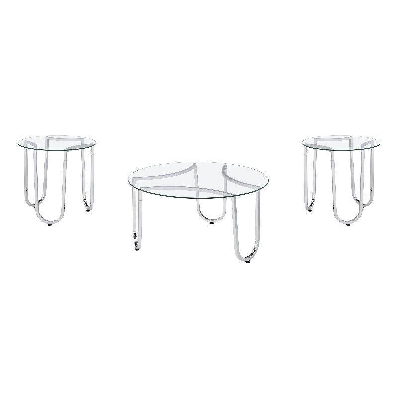 Pemberly Row 3-Piece Tempered Glass Metal Frame Coffee Table Set in Chrome