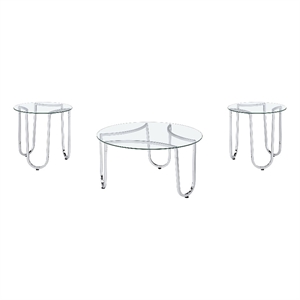 Pemberly Row 3-Piece Tempered Glass Metal Frame Coffee Table Set in Chrome