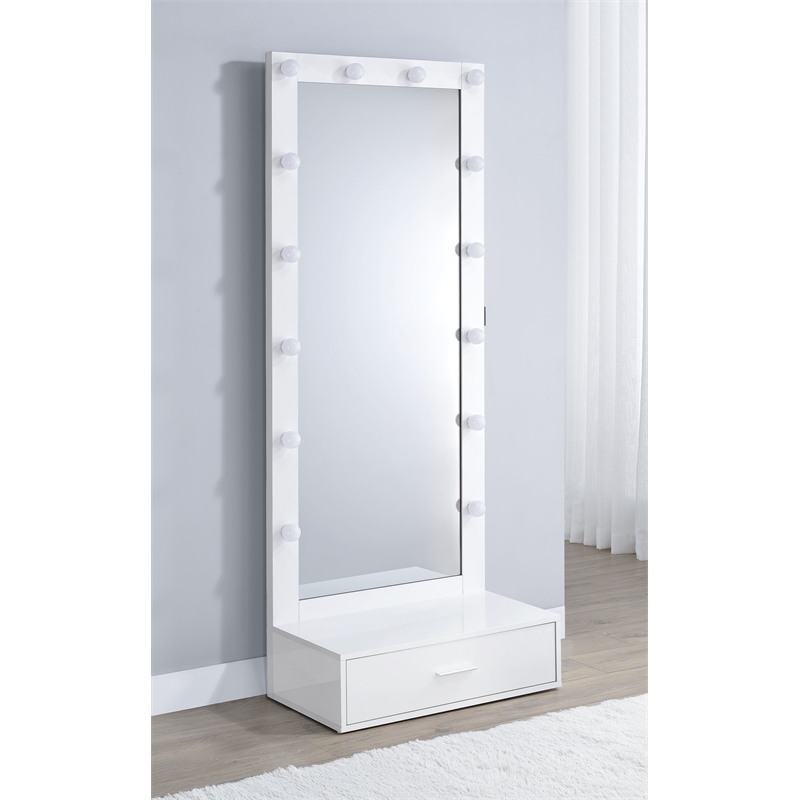 Pemberly Row 1-Drawer Lighted Full-Length Floor Mirror in White High Gloss