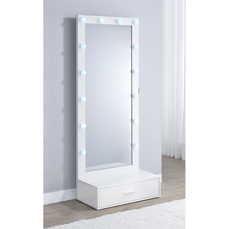 Pemberly Row 1-Drawer Lighted Full-Length Floor Mirror in White High Gloss