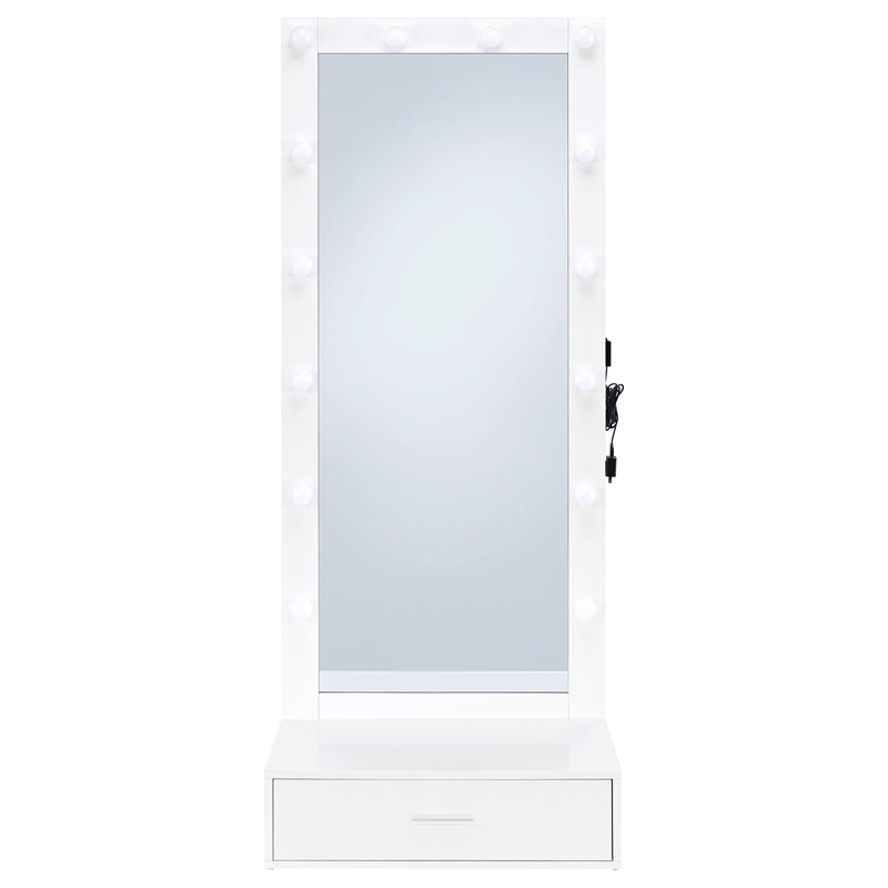Pemberly Row 1-Drawer Lighted Full-Length Floor Mirror in White High Gloss