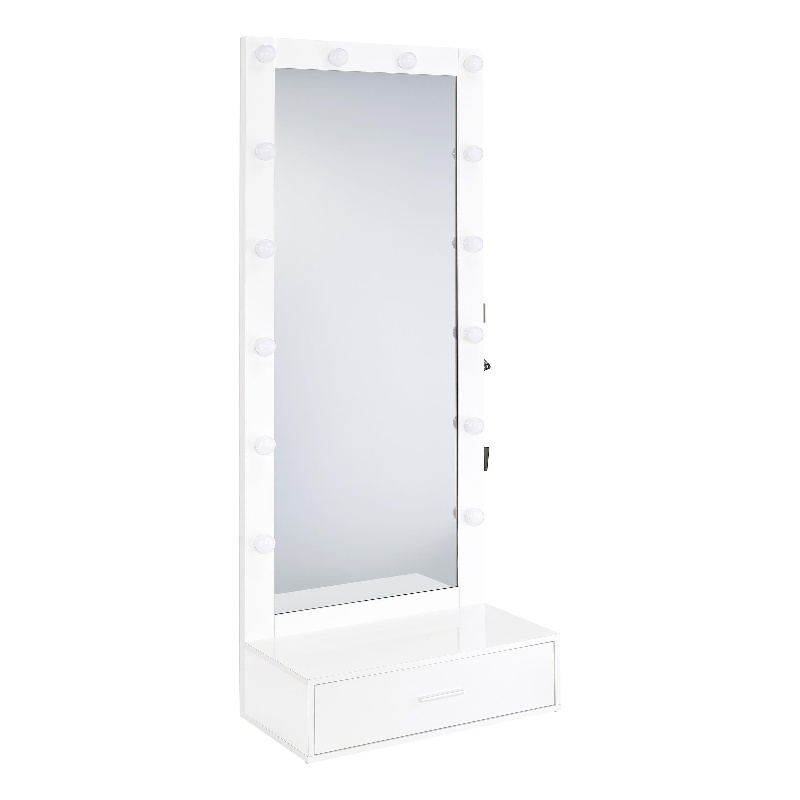 Pemberly Row 1-Drawer Lighted Full-Length Floor Mirror in White High Gloss
