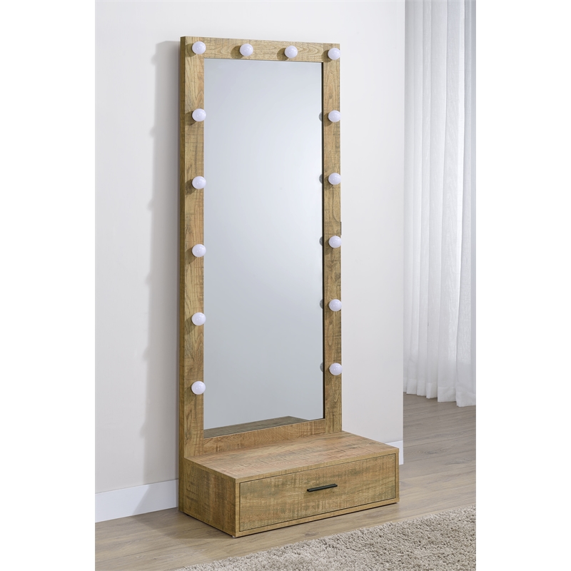 Pemberly Row 1-Drawer Lighted Full-Length Floor Glass Mirror in Brown
