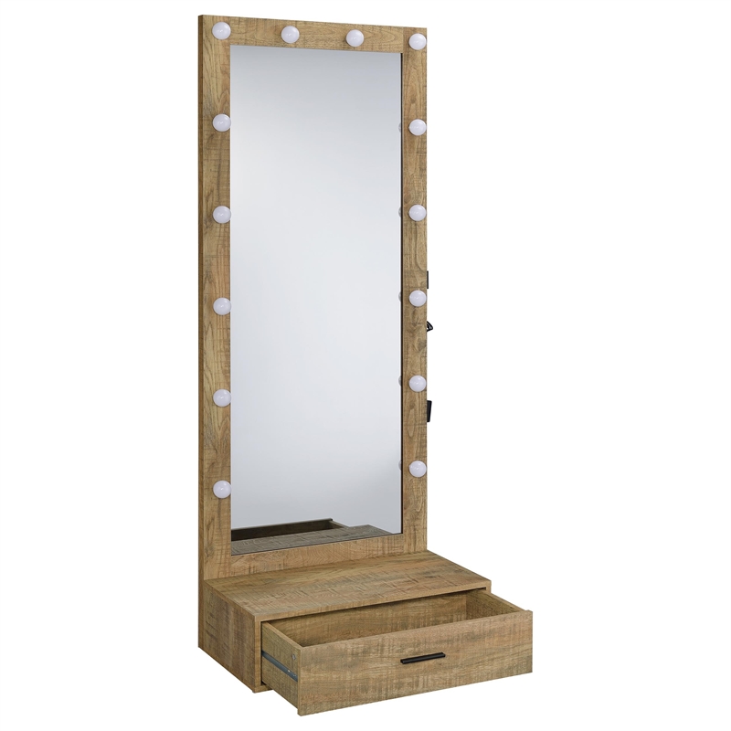 Pemberly Row 1-Drawer Lighted Full-Length Floor Glass Mirror in Brown