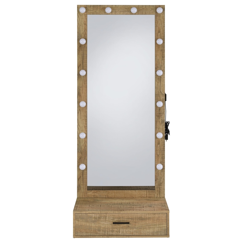 Pemberly Row 1-Drawer Lighted Full-Length Floor Glass Mirror in Brown