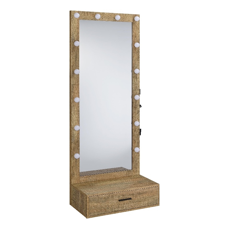 Pemberly Row 1-Drawer Lighted Full-Length Floor Glass Mirror in Brown