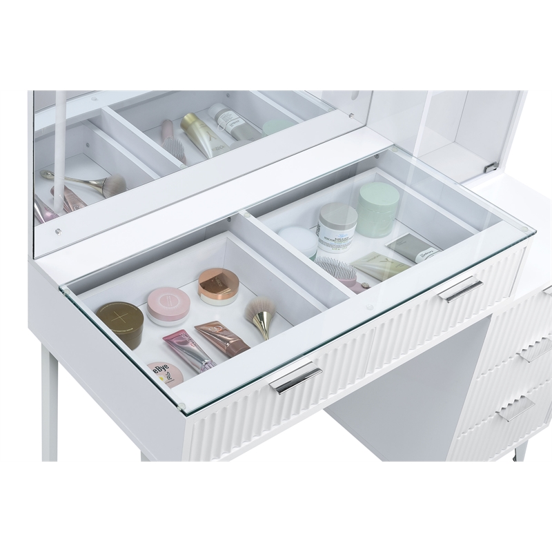 Pemberly Row 5-Drawer Makeup Vanity With LED Mirror in White High Gloss