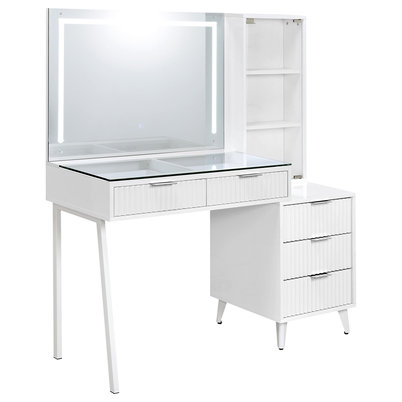 Pemberly Row 5-Drawer Makeup Vanity With LED Mirror in White High Gloss