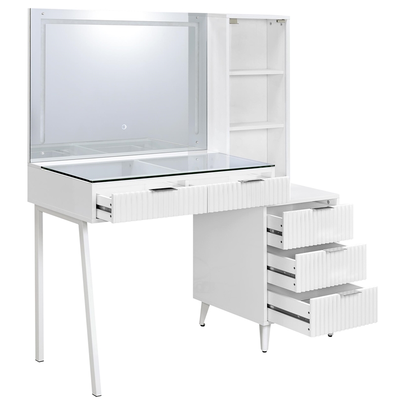 Pemberly Row 5-Drawer Makeup Vanity With LED Mirror in White High Gloss