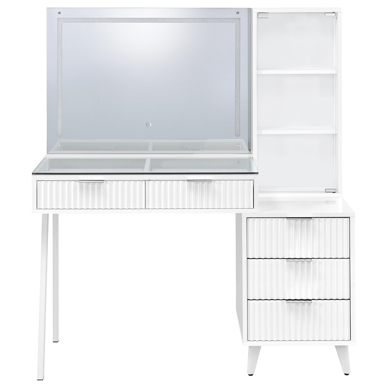 Pemberly Row 5-Drawer Makeup Vanity With LED Mirror in White High Gloss