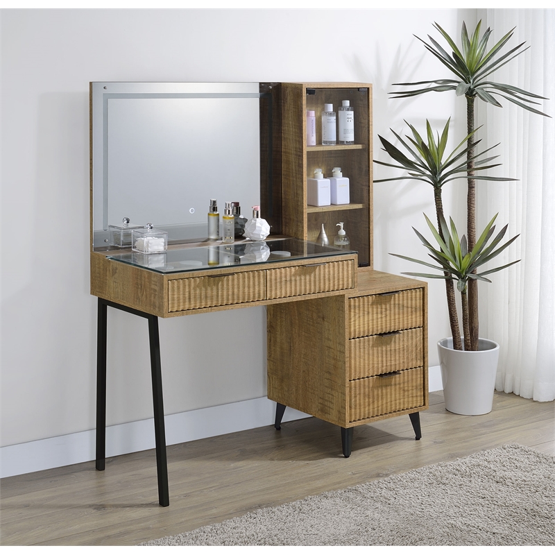 Pemberly Row 5-Drawer Makeup Vanity Table With LED Mirror in Brown