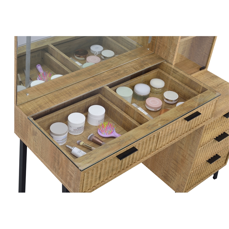 Pemberly Row 5-Drawer Makeup Vanity Table With LED Mirror in Brown