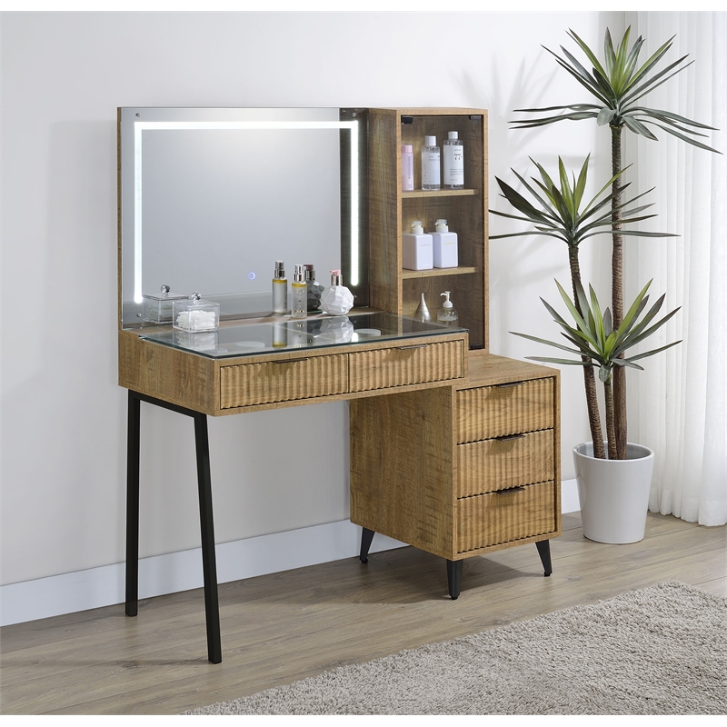 Pemberly Row 5-Drawer Makeup Vanity Table With LED Mirror in Brown