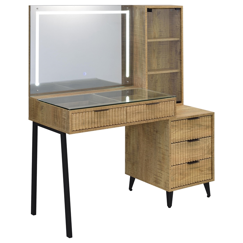 Pemberly Row 5-Drawer Makeup Vanity Table With LED Mirror in Brown