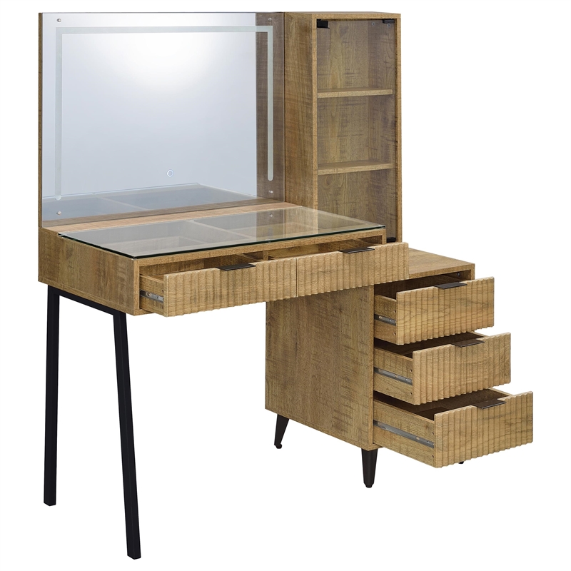 Pemberly Row 5-Drawer Makeup Vanity Table With LED Mirror in Brown
