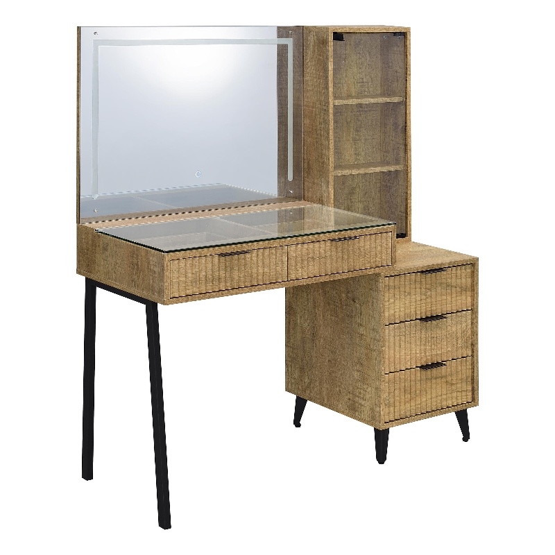 Pemberly Row 5-Drawer Makeup Vanity Table With LED Mirror in Brown