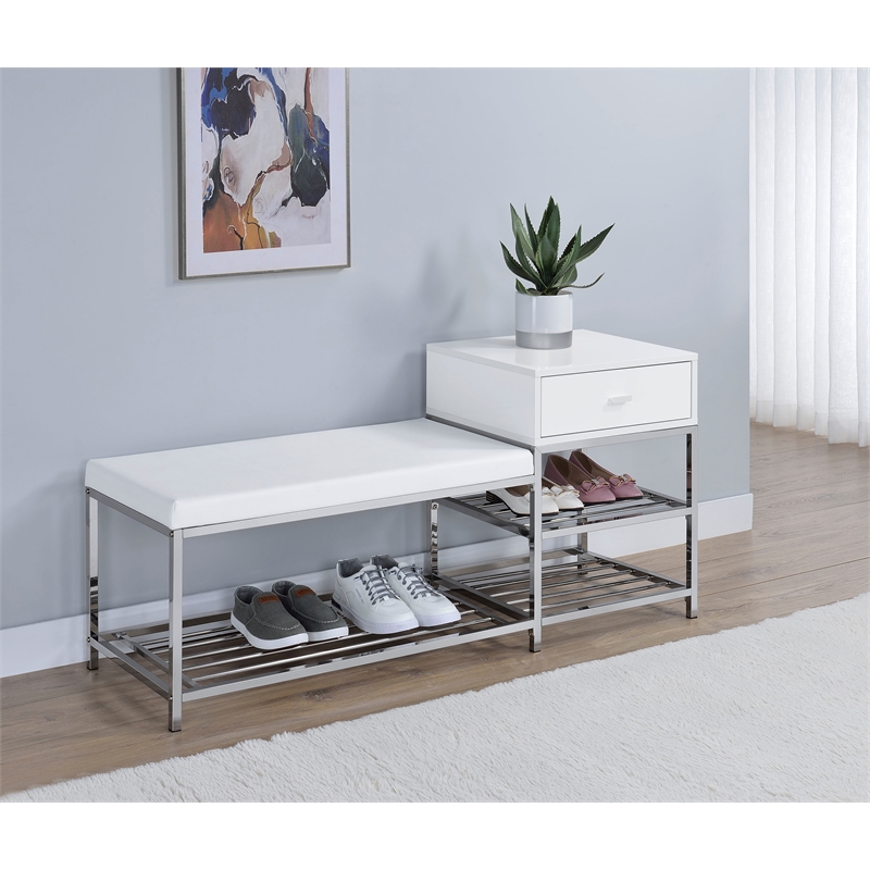 Pemberly Row 1-Drawer Shoe Storage Bench in White High Gloss and Chrome