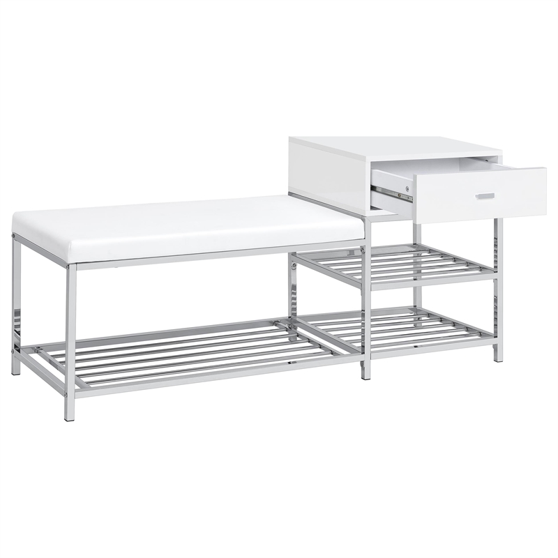 Pemberly Row 1-Drawer Shoe Storage Bench in White High Gloss and Chrome