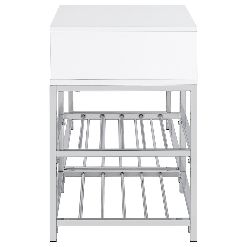 Pemberly Row 1-Drawer Shoe Storage Bench in White High Gloss and Chrome