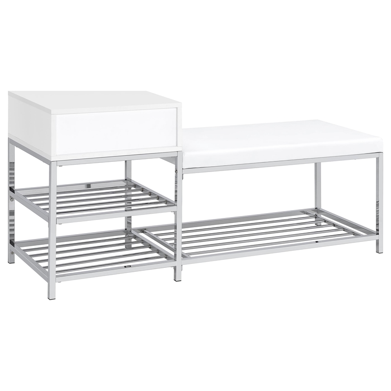 Pemberly Row 1-Drawer Shoe Storage Bench in White High Gloss and Chrome