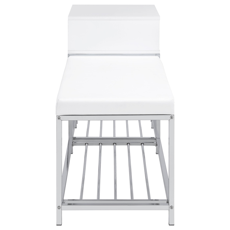 Pemberly Row 1-Drawer Shoe Storage Bench in White High Gloss and Chrome