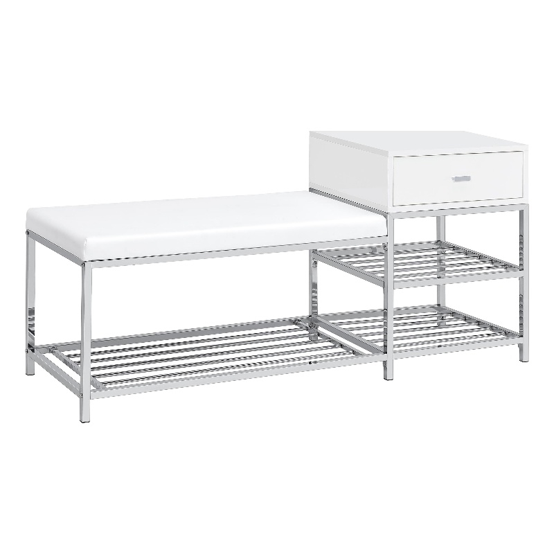 Pemberly Row 1-Drawer Shoe Storage Bench in White High Gloss and Chrome