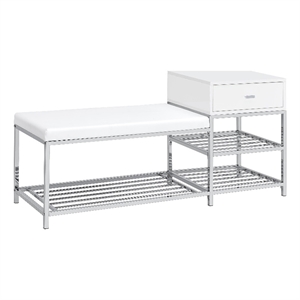 Pemberly Row 1-Drawer Shoe Storage Bench in White High Gloss and Chrome