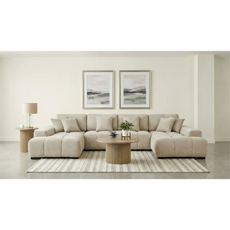 Pemberly Row U-Shaped Fabric Upholstered Sectional Sofa in Beige