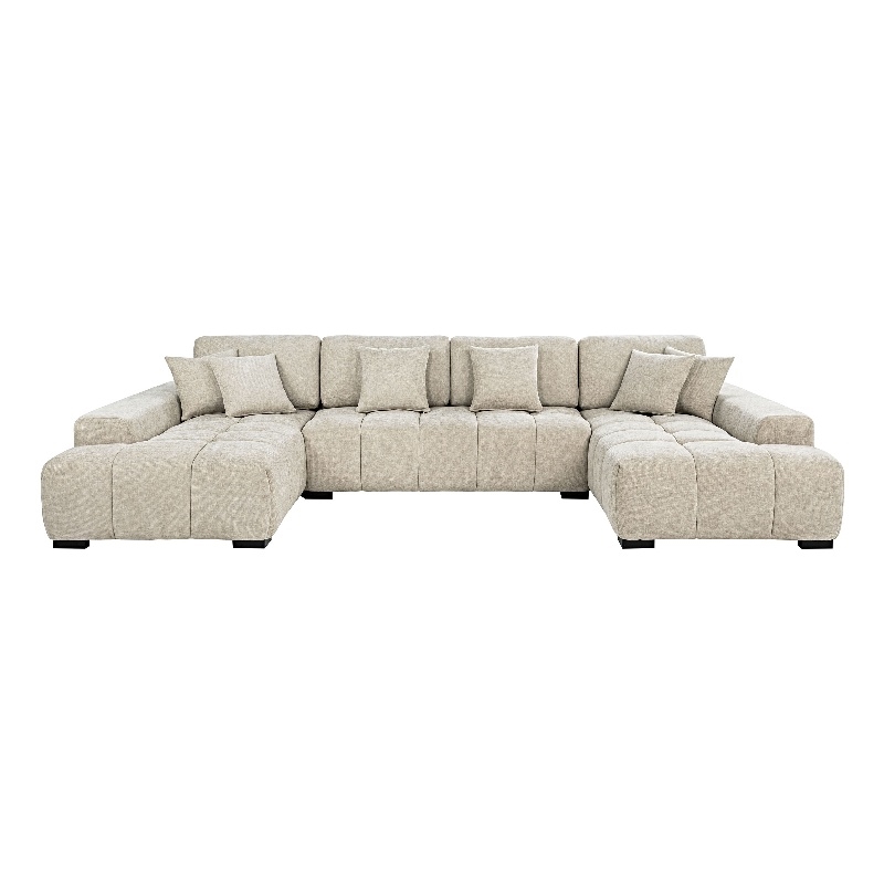 Pemberly Row U-Shaped Fabric Upholstered Sectional Sofa in Beige