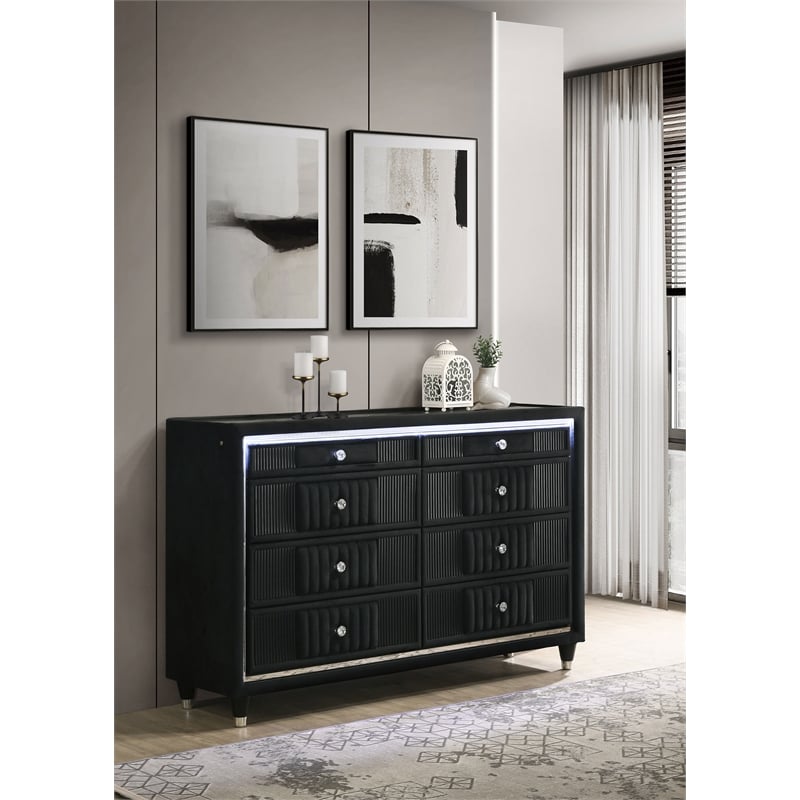Pemberly Row 8-Drawer Velvet Upholstered LED Dresser in Black