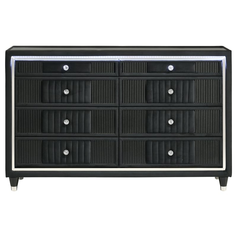 Pemberly Row 8-Drawer Velvet Upholstered LED Dresser in Black