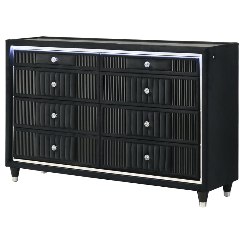 Pemberly Row 8-Drawer Velvet Upholstered LED Dresser in Black