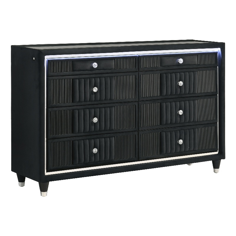 Pemberly Row 8-Drawer Velvet Upholstered LED Dresser in Black